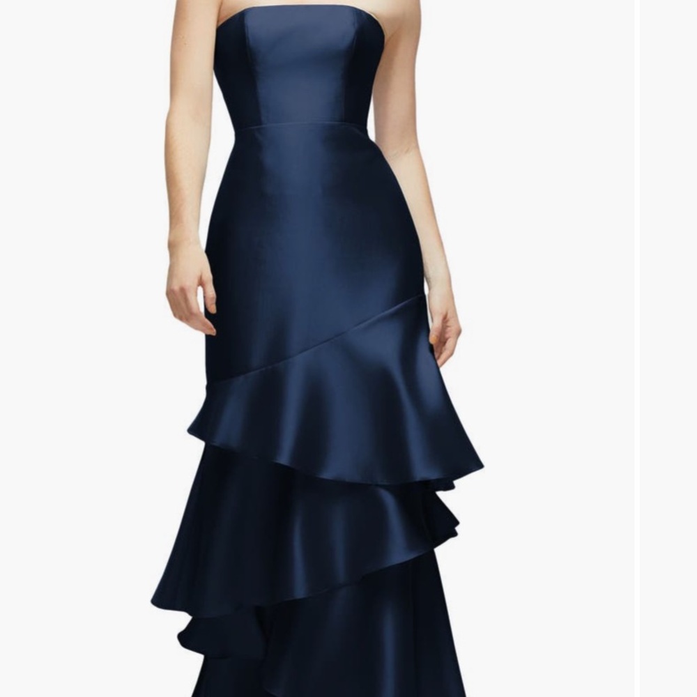 Dessy Collection Vivian Diamond Dress Blue Satin Ruffle Maxi Bridesmaid Prom